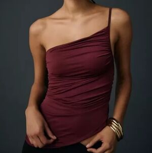 Urban Outfitters Claire Maroon Red Ruched Asymmetric One Shoulder Top